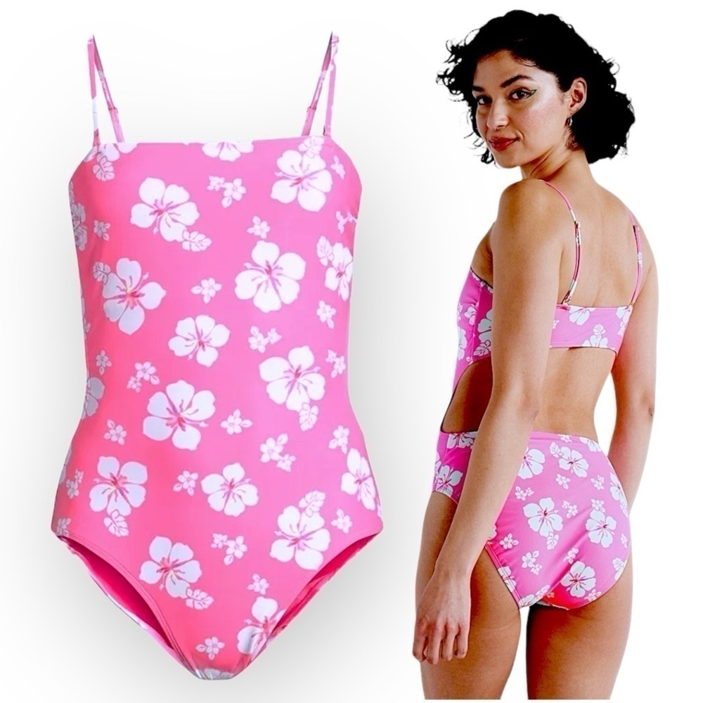 Pink Hibiscus Cut-Out One Piece Swimsuit Juniors Size Large 11-12 Never Worn